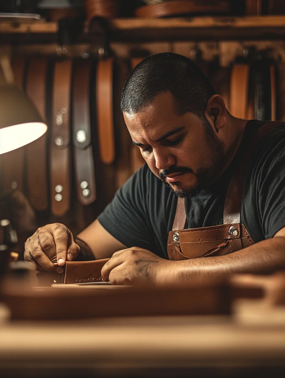 A young leather craftsman works on a wallet in his garage workshop under warm work lamp light.