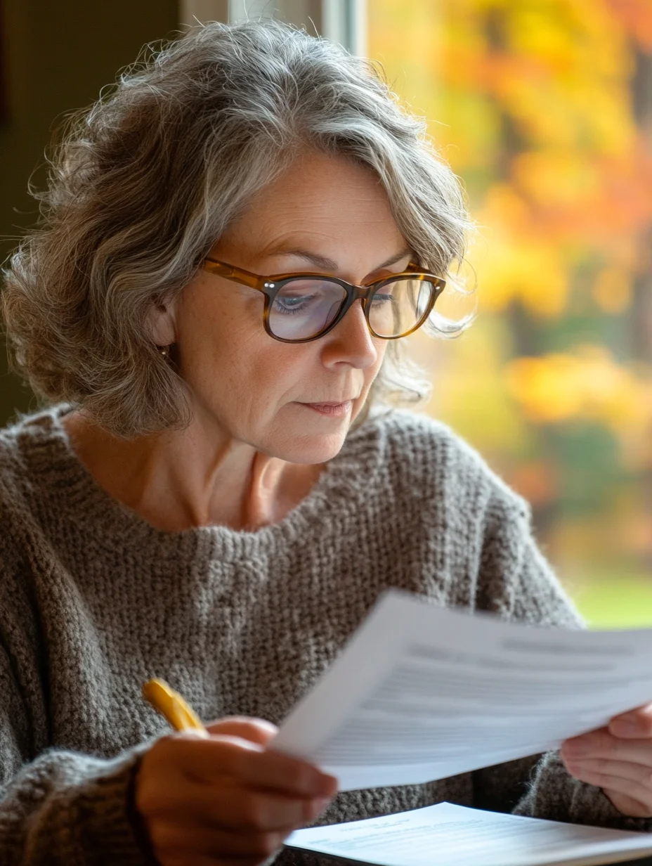 A homeowner reviews a roof estimate at her kitchen table in autumn.