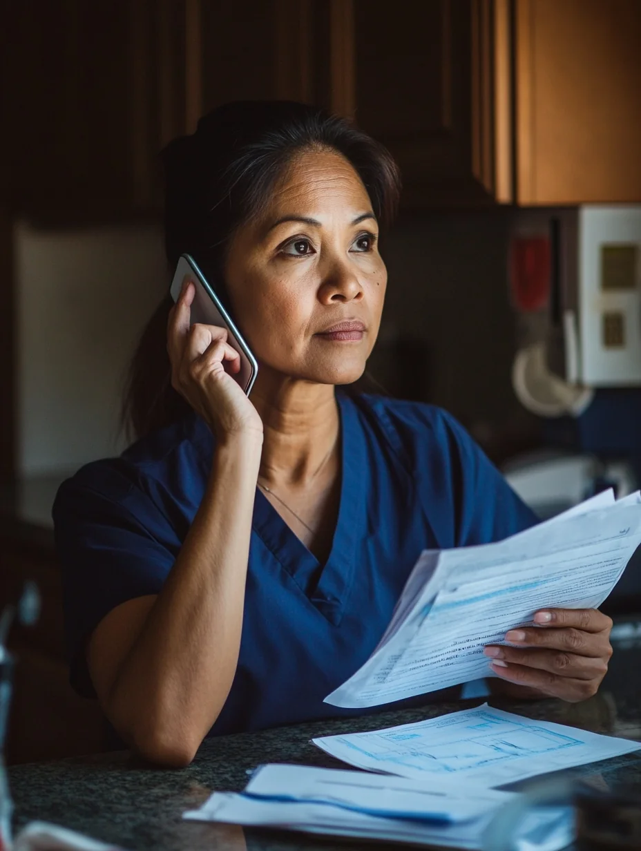 A nurse at home works the phone to resolve a complicated hospital bill at her kitchen table.