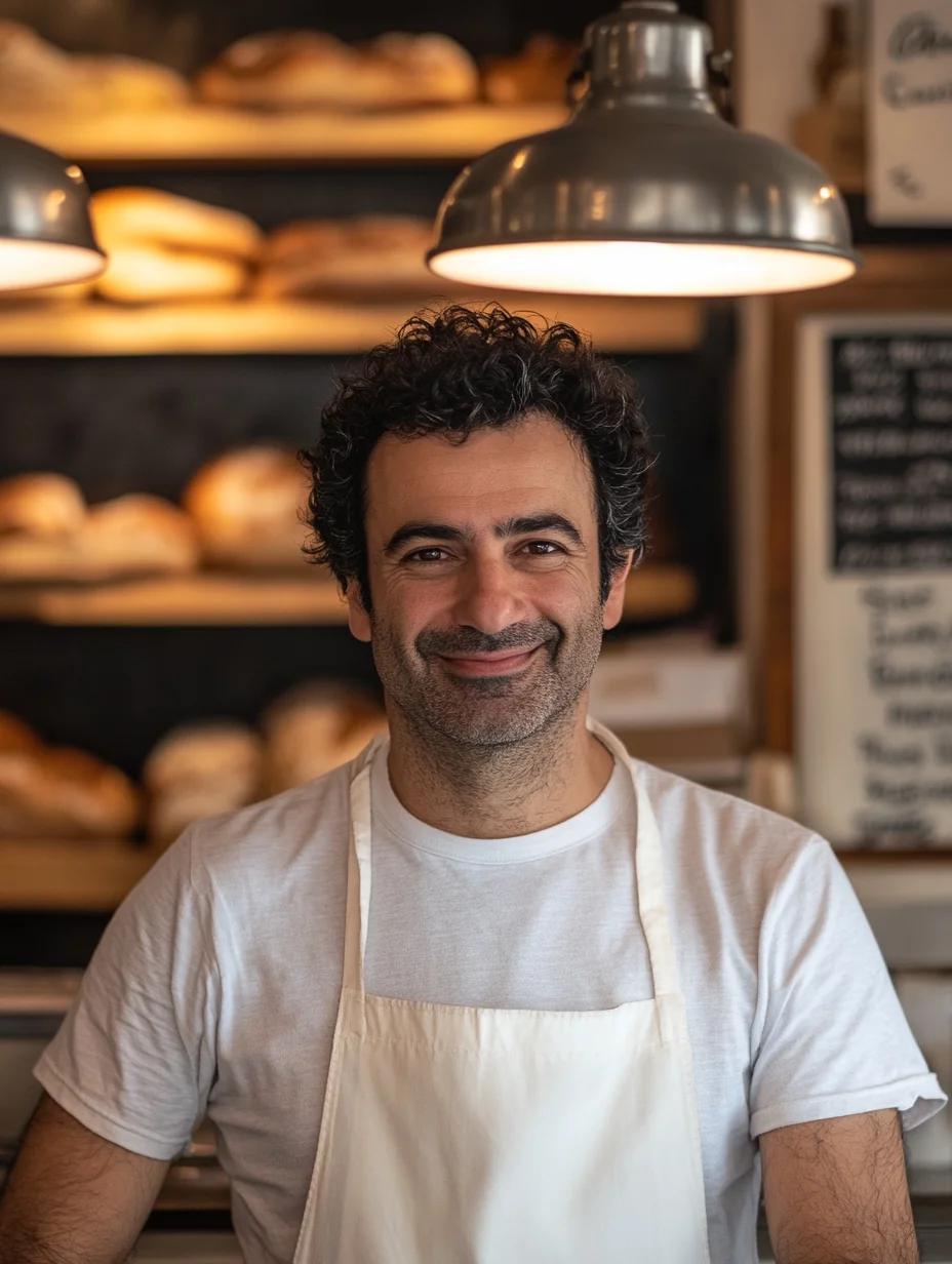 A Greek American deli owner welcomes customers from behind his small business counter.