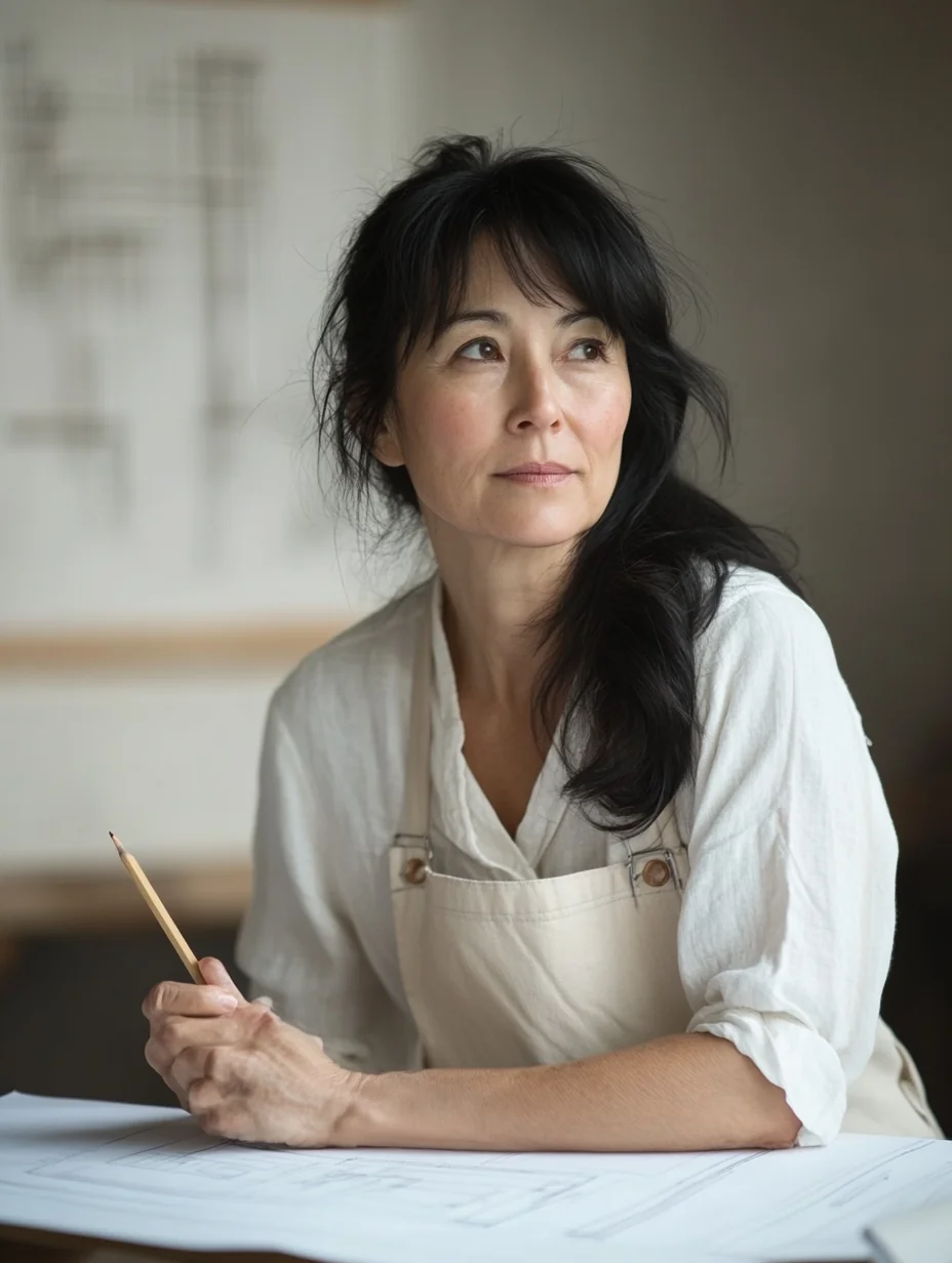 A Japanese American architect works at her drafting table in her home studio in north light.
