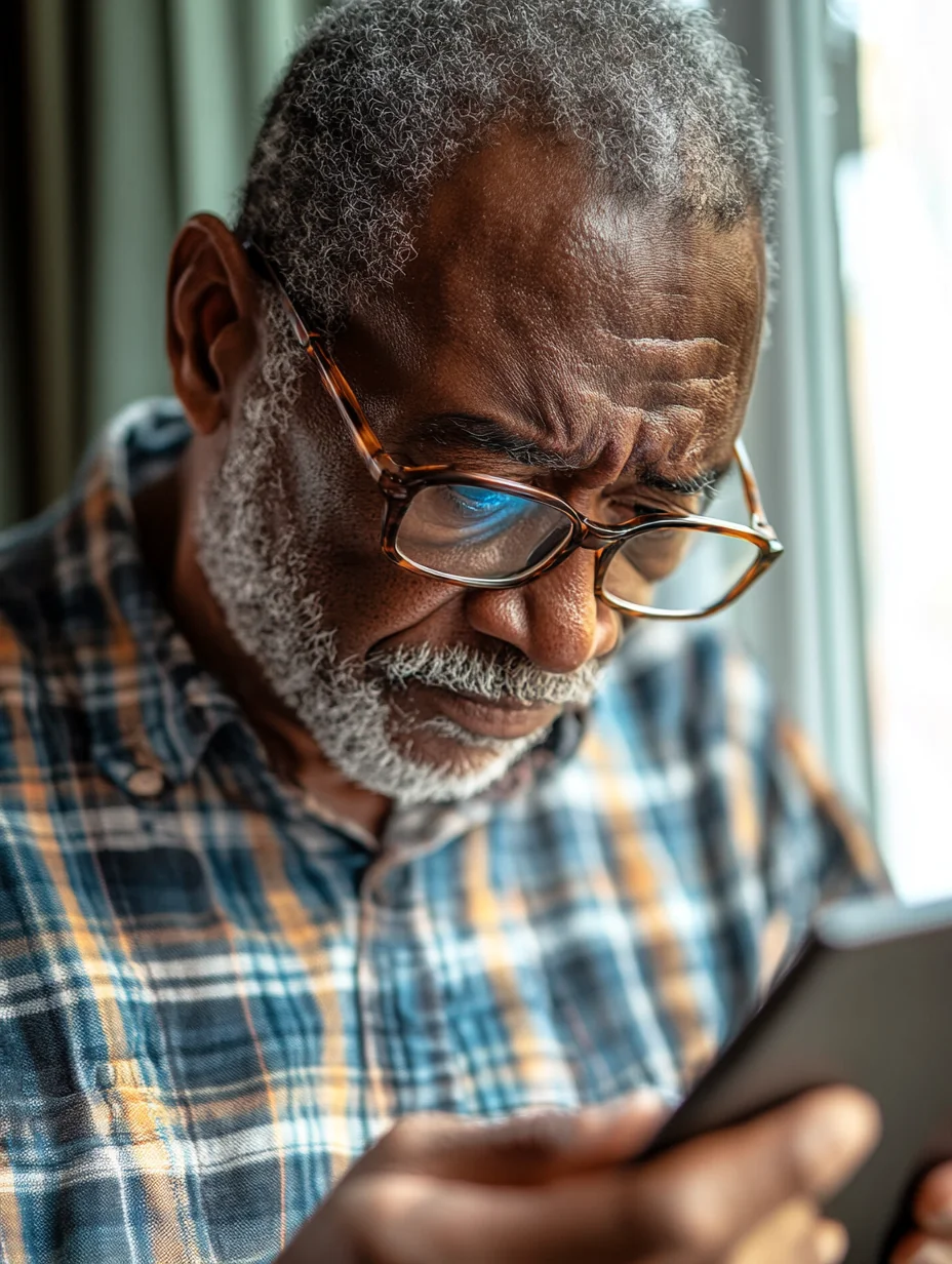 A grandfather squints skeptically at a suspicious email on his tablet at the kitchen counter.