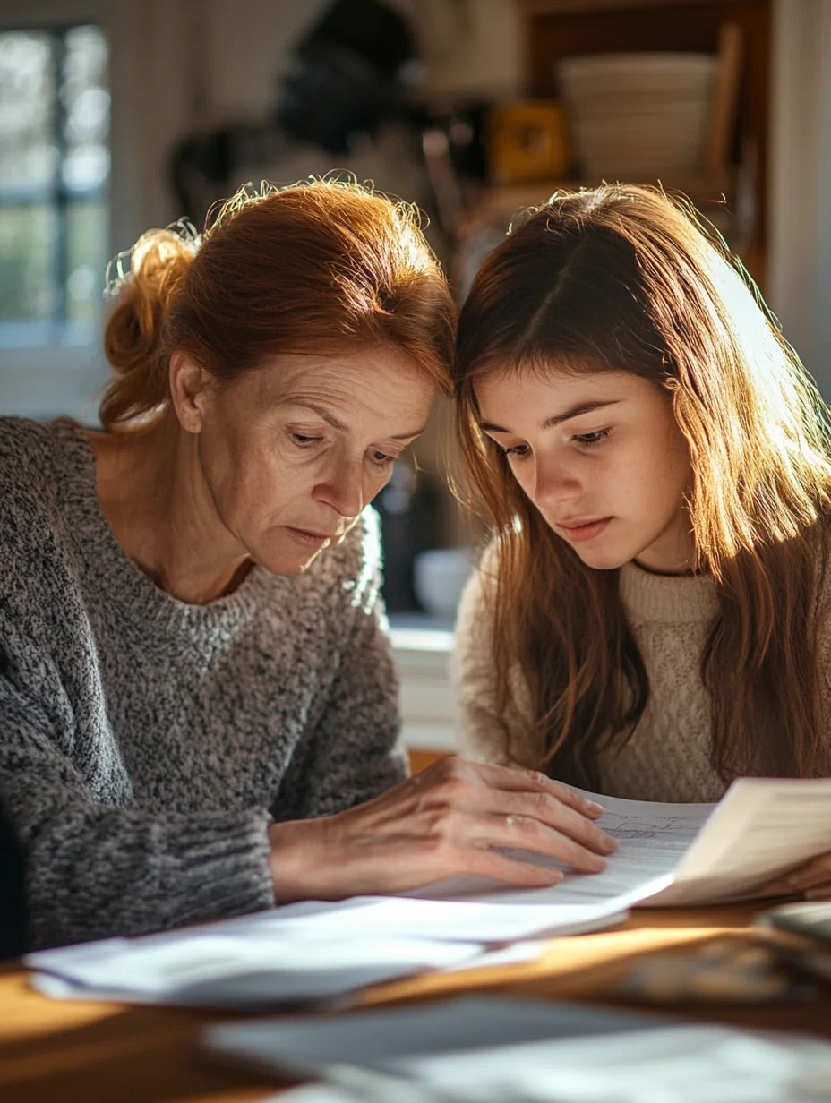 A mother and her young adult daughter sit at the kitchen table reviewing a loan document together.