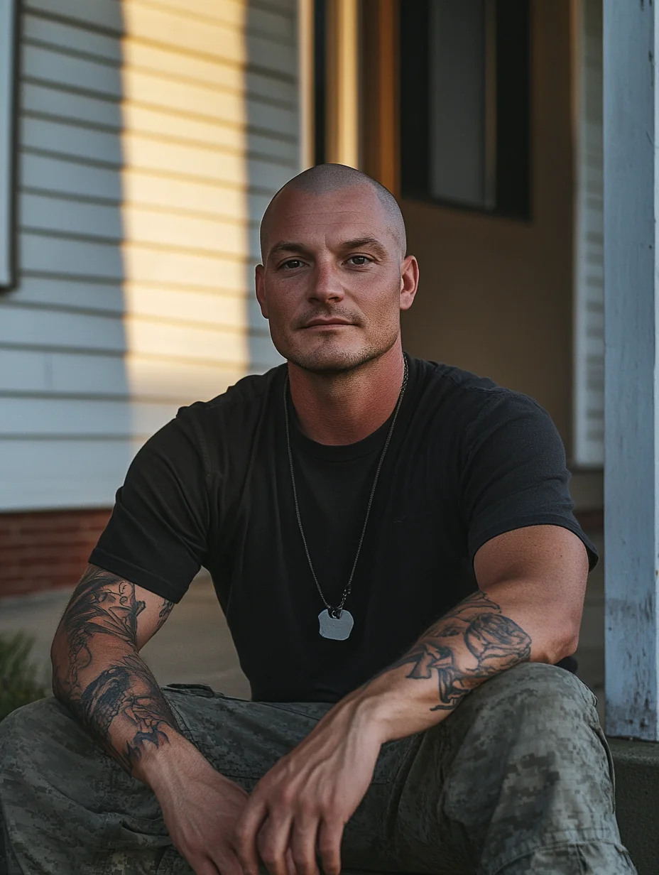 A military veteran with dog tags sits on the front step of his duplex in late afternoon light.