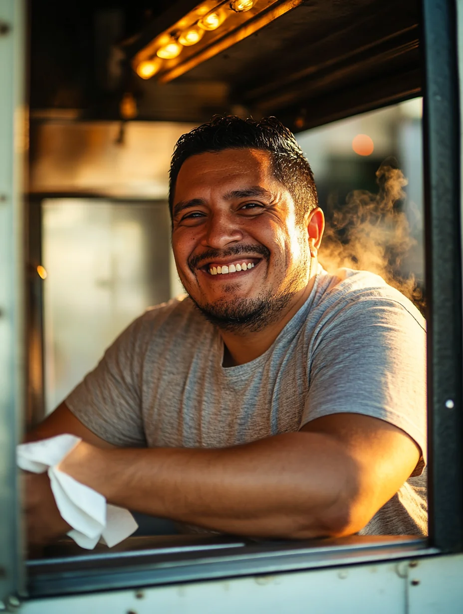 A food truck owner leans from his service window with a welcoming smile after a busy lunch rush.