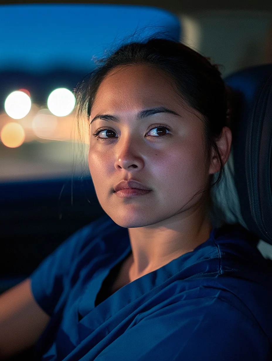 A nurse pauses at the end of a long shift in her car in the hospital parking lot.