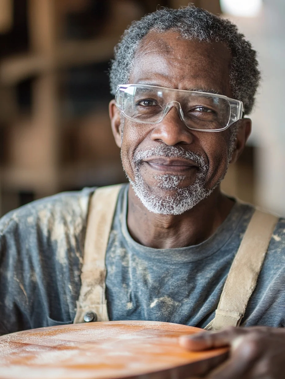 A veteran works at his backyard woodworking bench with afternoon light catching sawdust.