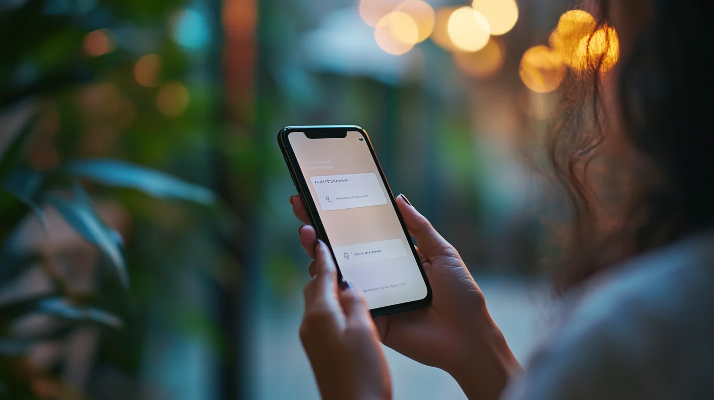 A close-up of two hands passing a phone showing a loan agreement screen, framed by a kitchen window.