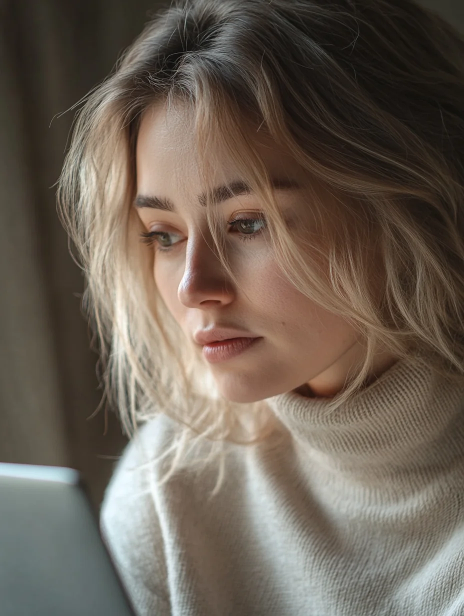 A woman holds her breath waiting for a loan decision, biting her lip in soft daylight.