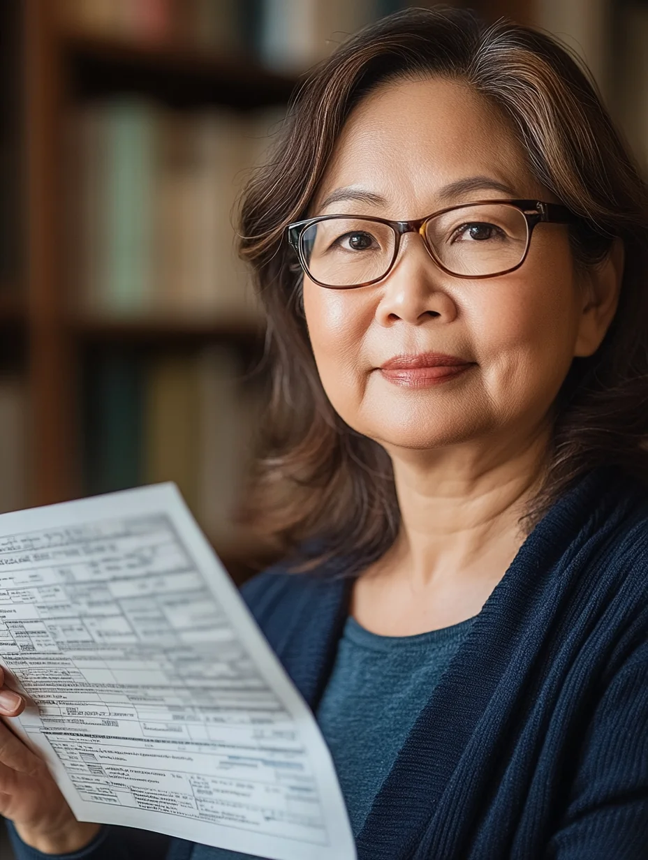 An accountant explains a paystub document with a kind teaching expression.