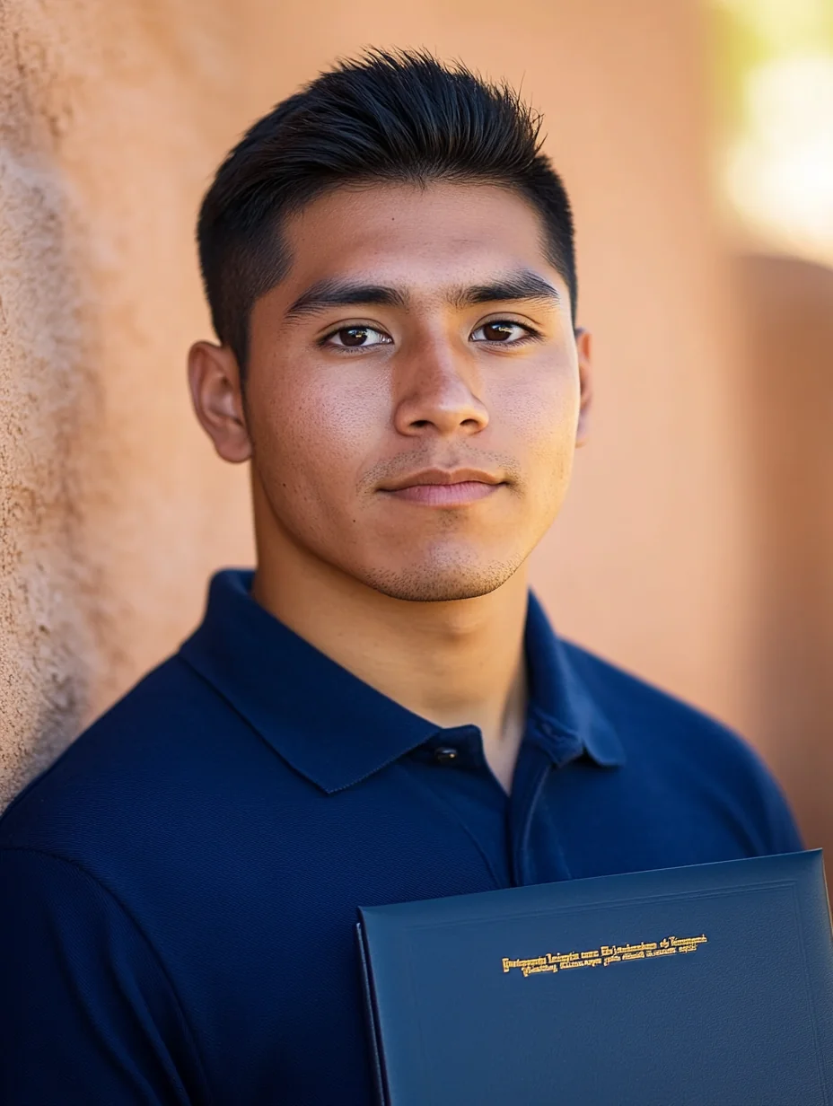 A young Native American graduate holds his community college diploma in the New Mexico sun.