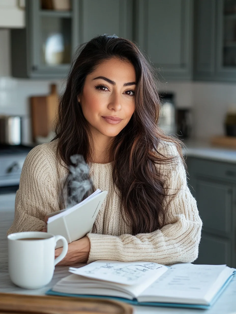 A woman writes in her planner at a sunlit kitchen island with mint tea steaming nearby.