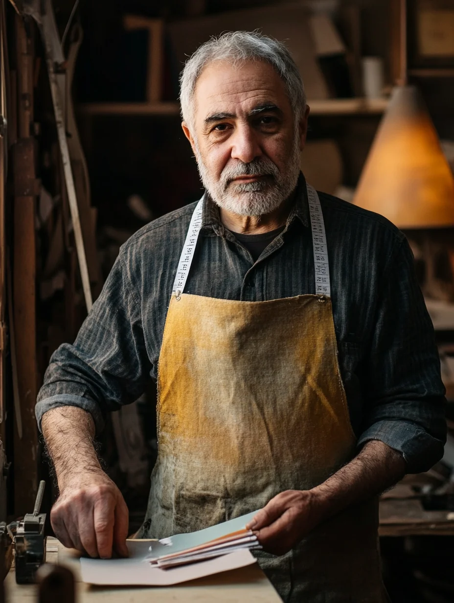A craftsman works at a tool-laden bench in his small workshop in afternoon sun.