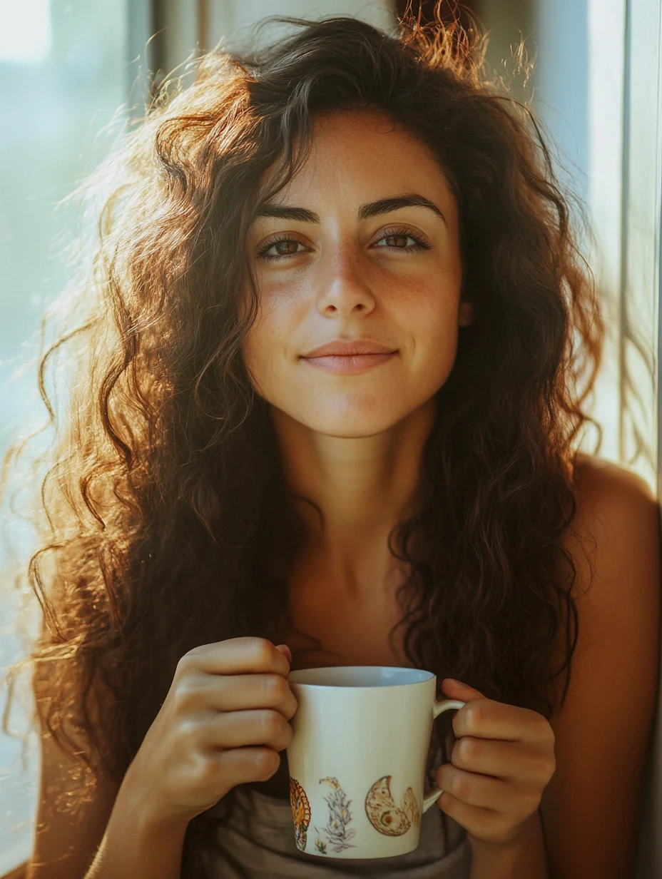 A 36-year-old woman holds a coffee cup at her sunlit apartment window with a hopeful expression.
