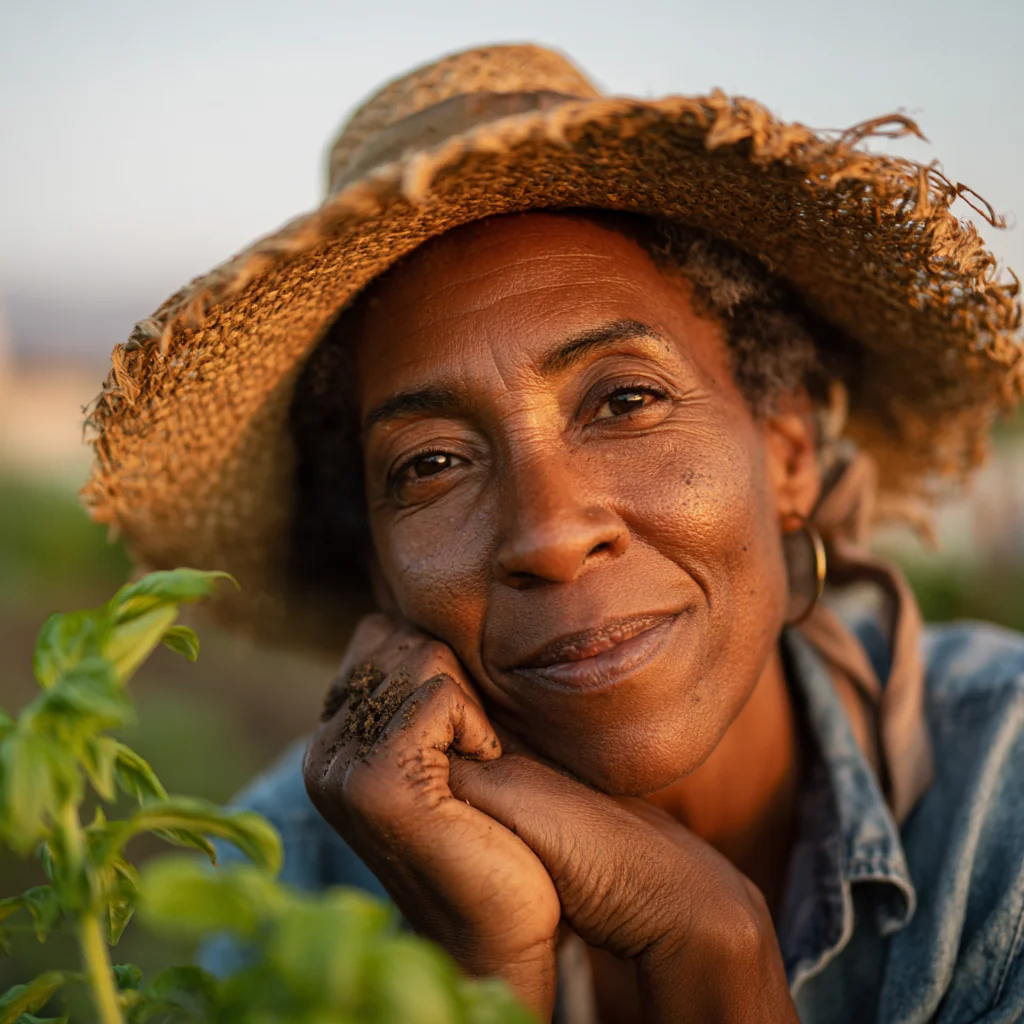 A small nursery owner kneels among her plants with weathered hands and a contented smile.